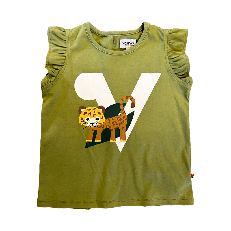 Vauva SS23 Safari - Girls Tiger Print Ruffle Cotton Short Sleeves Vest (Olive Green) 130 cm