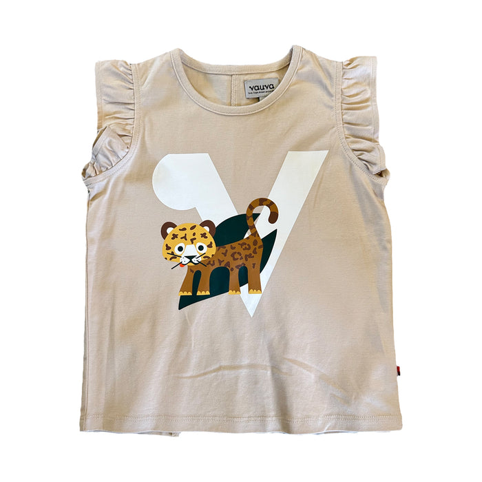 Vauva SS23 Safari - Girls Tiger Print Ruffle Cotton Short Sleeves Vest (Khaki) 130 cm
