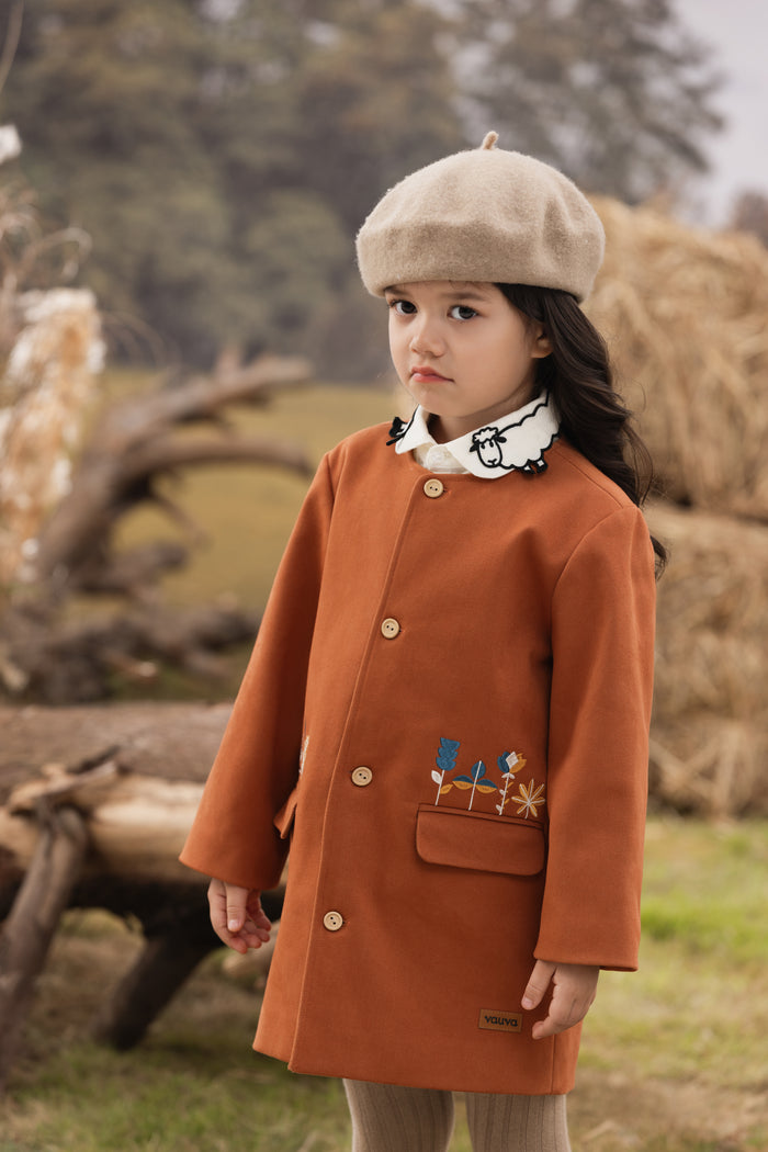 Vauva FW23 - Girls Embroidered Twill Cotton Coat (Brown)