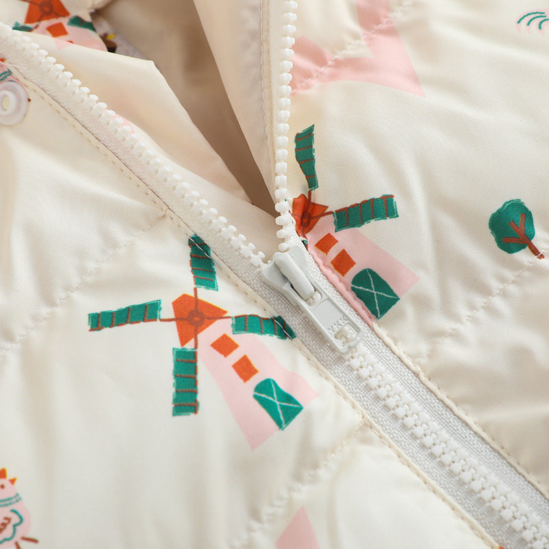 Vauva FW23 - Baby Girls Pinwheel All Over Print Padded Coat with Hood (White) - My Little Korner