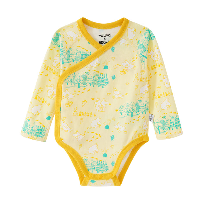 Vauva x Moomin SS23 - Baby Unisex All Over Print Cotton Long Sleeves Wrap Bodysuit (Yellow) product image front 