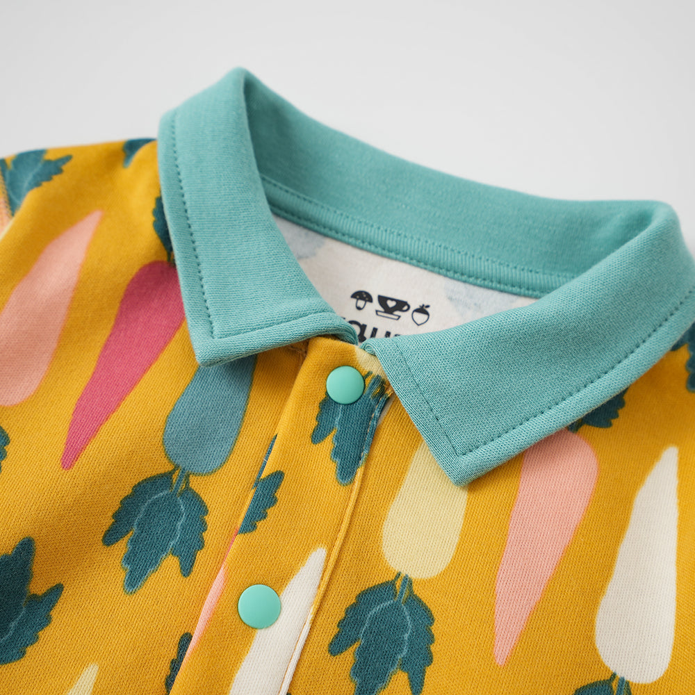 Vauva FW23 - Baby Boy Carrot All Over Print Cotton Polo Long Sleeve Bodysuit (Yellow) product image zoom in