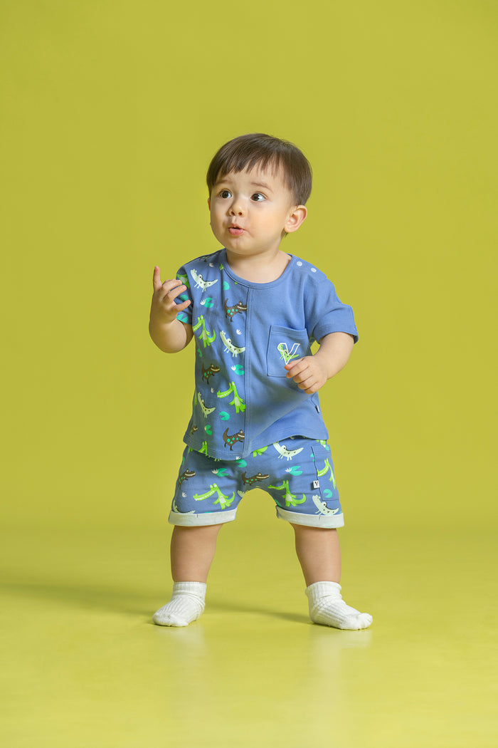 Vauva SS23 Safari - Baby Boys Crocodile Print Patchwork Cotton Short Sleeve T-shirt