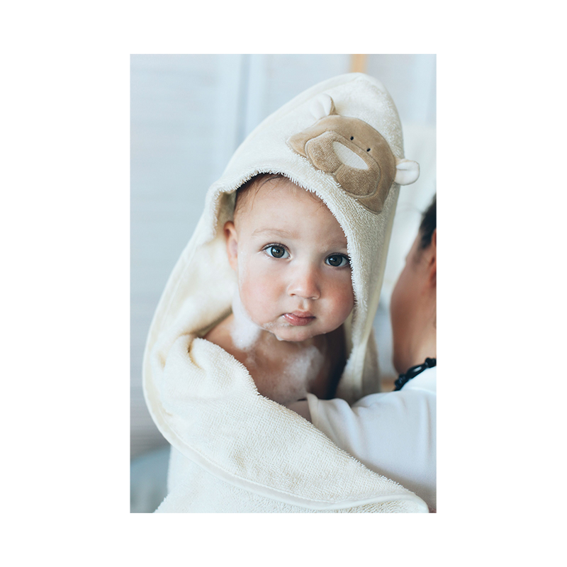 Wooly Organic Baby bath towel with hood – Teddy (75cmx75cm) creamy